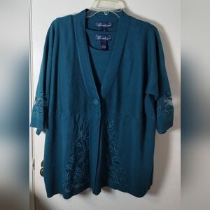 Susan Graver Style Two Piece Tank & 3/4 Lace Sleeve Cardigan Snap Front Teal 1X
